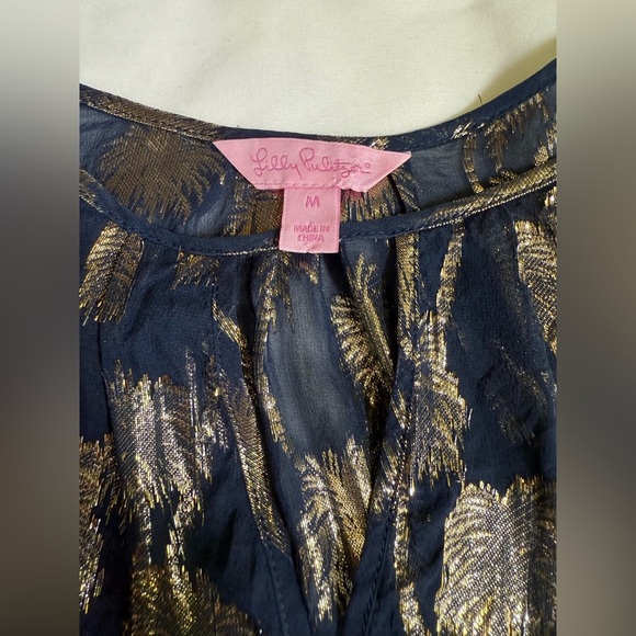 LILLY PULITZER Sheer BECCER Silk Navy blouse with Gold palm tree design size M - Picture 14 of 16